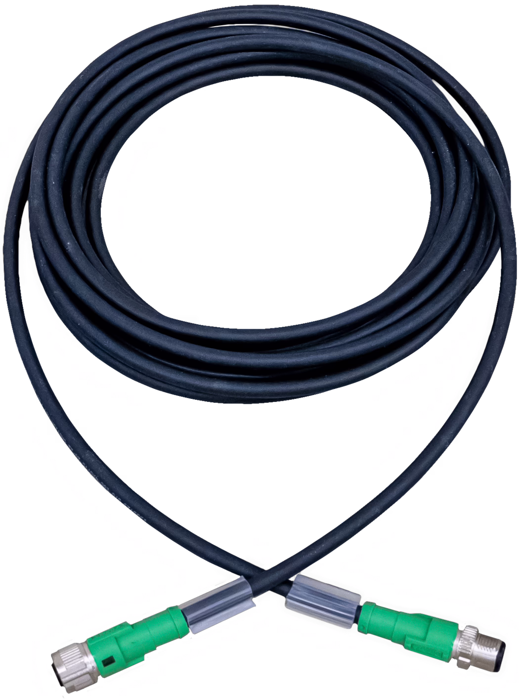 Coiled black cable with two green connectors: a long black rubber-coated cable neatly wound into a circular loop on a white background. Both ends feature green plastic connectors with silver threaded metal coupling rings and short grey strain-relief sleeves; the cable crosses near the bottom forming a heart-like shape where the ends meet. The cable surface shows slight texture and minor signs of use. The image is isolated on a white background and photographed from above, showing the full coil and both connectors — suitable for product listings and technical descriptions.