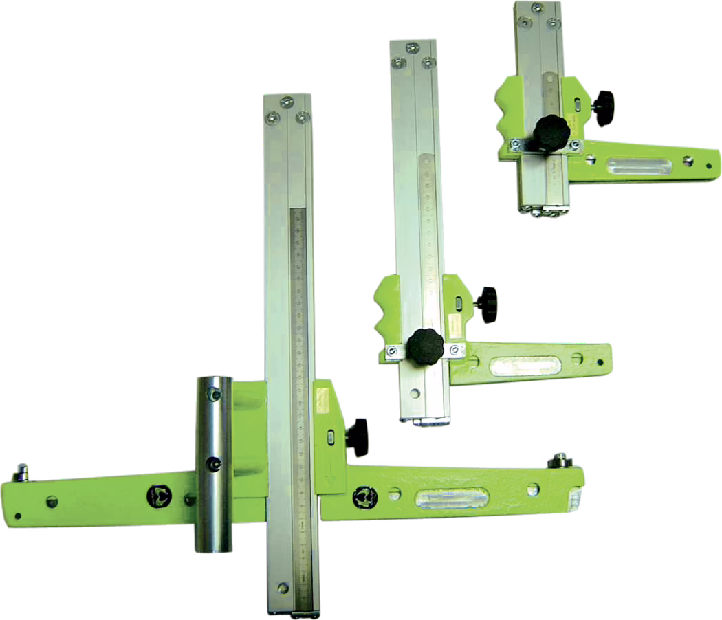 Detailed product photo of an adjustable metal fence/stop assembly shown three times on a white background. The device consists of an anodized aluminum vertical guide rail with an engraved metric ruler, a green-painted steel horizontal arm with several mounting holes and a built-in spirit level, a black plastic clamping knob for locking the sliding carriage, and a short cylindrical stainless-steel sleeve or hinge used for mounting. The sliding carriage runs on the vertical rail and is secured by the knurled plastic knob; the green arm extends perpendicular to the rail to act as a stop or guide. Multiple screws and rivets are visible, along with machined slots and alignment features for fine positional adjustment. The image captures three examples of the same assembly arranged at different positions and orientations to show the rail, carriage, knob, and arm details clearly. The overall appearance suggests a sturdy workshop accessory intended for precise positioning or repeatable stops on woodworking or metalworking jigs and fences.