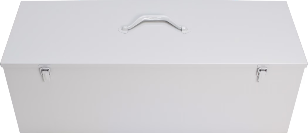 White rectangular metal storage box with a hinged lid, a central metal carrying handle on top and two front latch clasps, shown from a slightly elevated front angle on a plain white background.