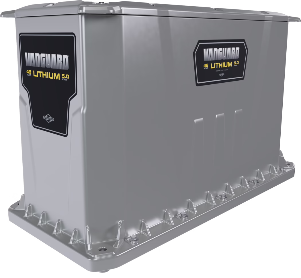 WOLFF_Dummy_172588_Battery Li-Io 5kW-100Ah Independence_2025-08 Silver rectangular metal housing of a Vanguard lithium battery module labeled 'VANGUARD 48 VOLT LITHIUM 5.0 kWh'. Heavy-duty industrial enclosure with visible mounting flanges and bolts along the base, smooth reflective metal finish, reinforced corners and two black product labels with bold branding on the side panels.