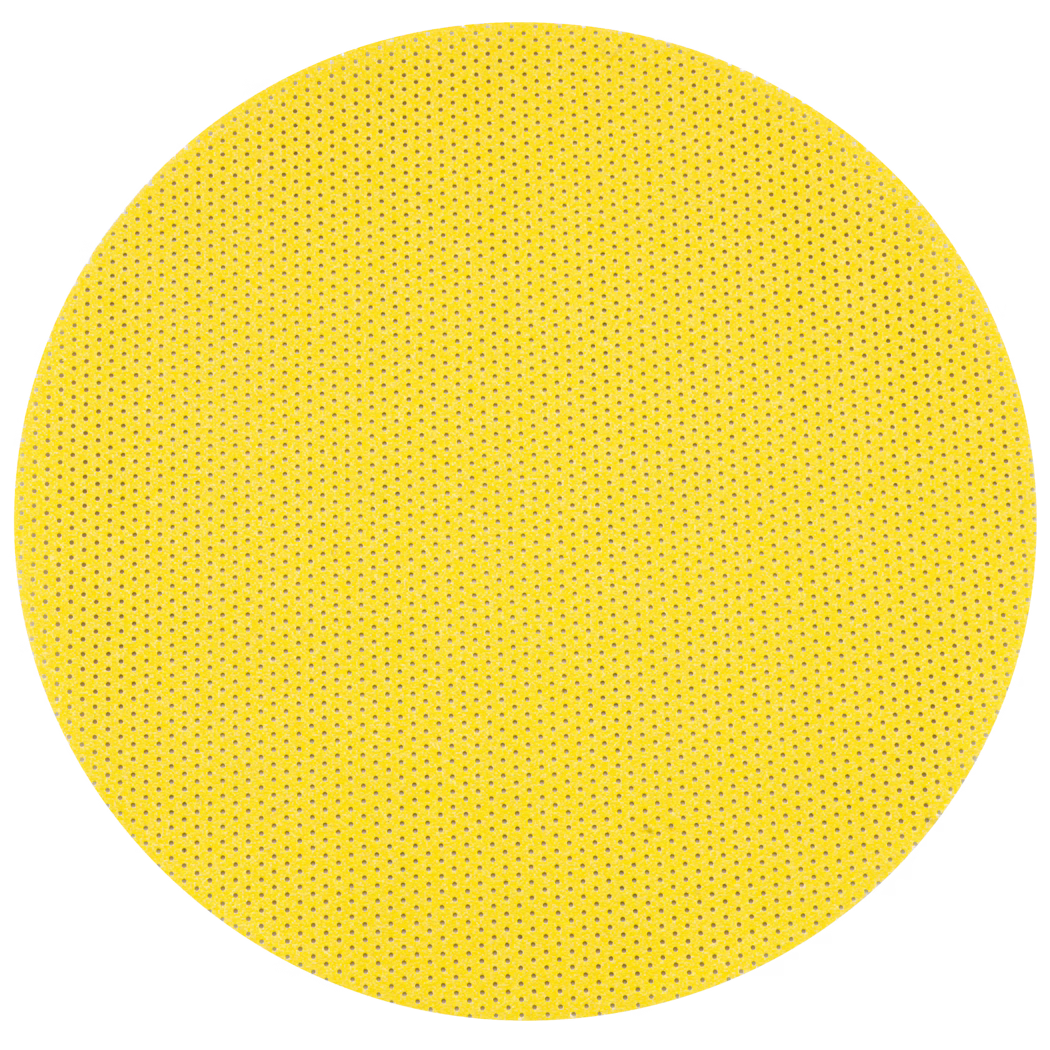 En livlig, tekstureret gul cirkel fyldt med små perforeringer, hvilket giver den en unik og visuelt engagerende overflade.