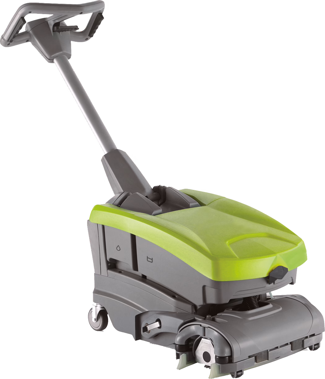 WOLFF_Dummy_83124_Cleanfox_2025-08 Compact battery-powered floor scrubber in gray and lime green with a long ergonomic handle, front-mounted cylindrical brushes, swivel caster wheels and visible water and solution tank indicators; sturdy plastic body and low-profile brush housing for indoor commercial cleaning and maintenance.