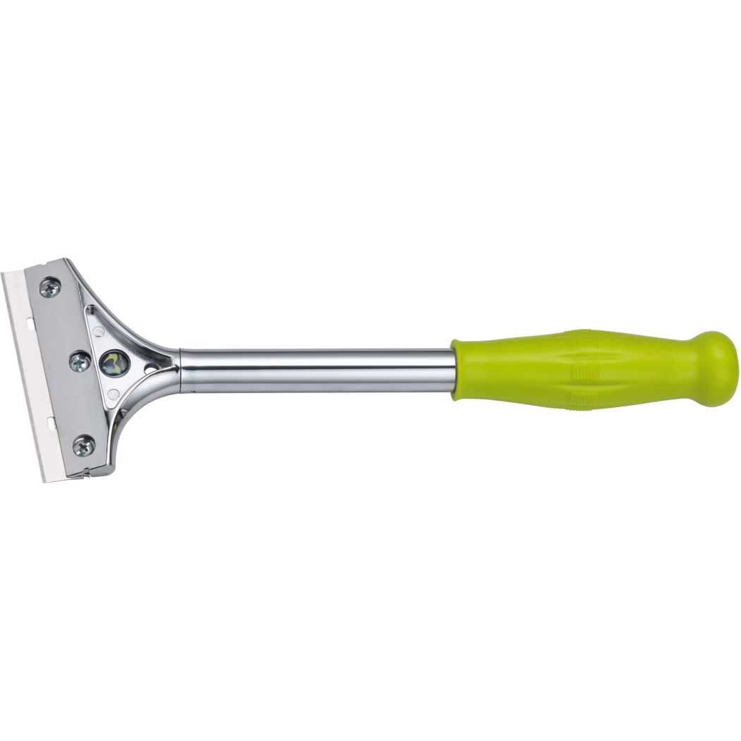 WOLFF_Dummy_51505_Hand Scraper_2025-08 En rustfri stålskræber med et grønt ergonomisk håndtag, designet til effektiv rengøring. Skrapebladet er bredt og skarpt, ideelt til at fjerne hård snavs eller rester fra overflader.