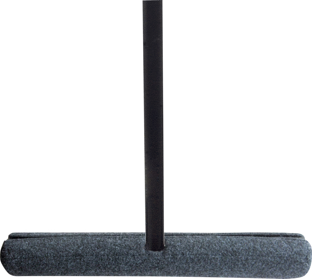 Close-up view of a floor cleaning tool showing a horizontal cylindrical roller covered in dark gray felt attached to a short, central black metal pole. The felt roller has a subtle top groove and rounded ends; the pole is inserted at the center of the roller and extends vertically out of the frame against a plain white background. The image focuses on the texture and construction of the tool, suggesting it is used for cleaning, polishing or applying finishes to smooth floor surfaces.