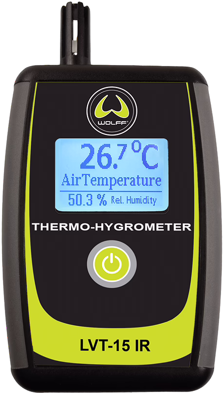 Bærbart termo-hygrometer LVT-15 IR fra Wolff: sort og gul plastkasse, baggrundsbelyst LCD viser 26,7 °C lufttemperatur og 50,3 % relativ luftfugtighed, sensor i toppen og tænd/sluk-knap under skærmen; kompakt bærbart instrument til måling af lufttemperatur og relativ luftfugtighed.